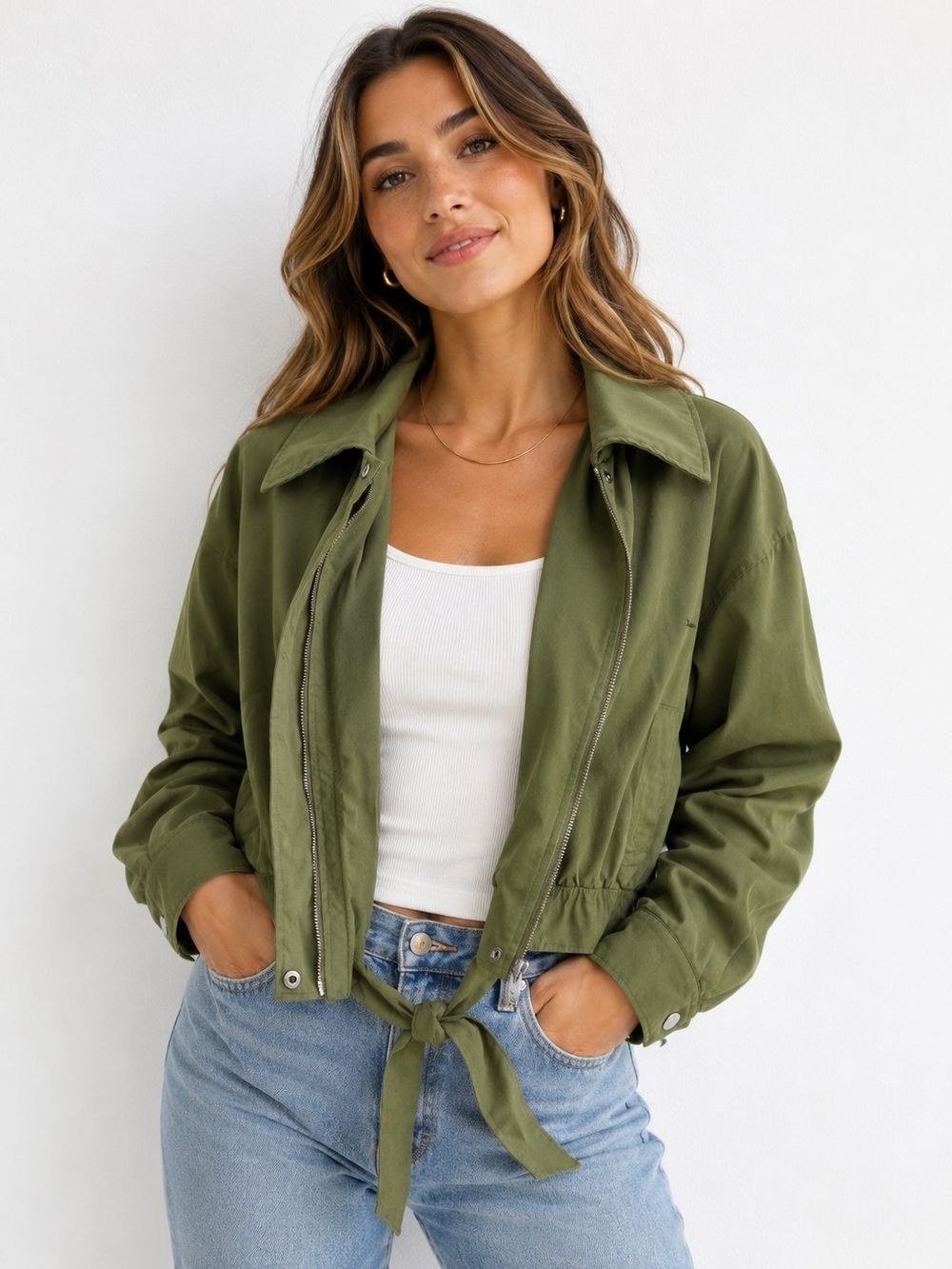 Women's Olive Tie-Waist Utility Jacket